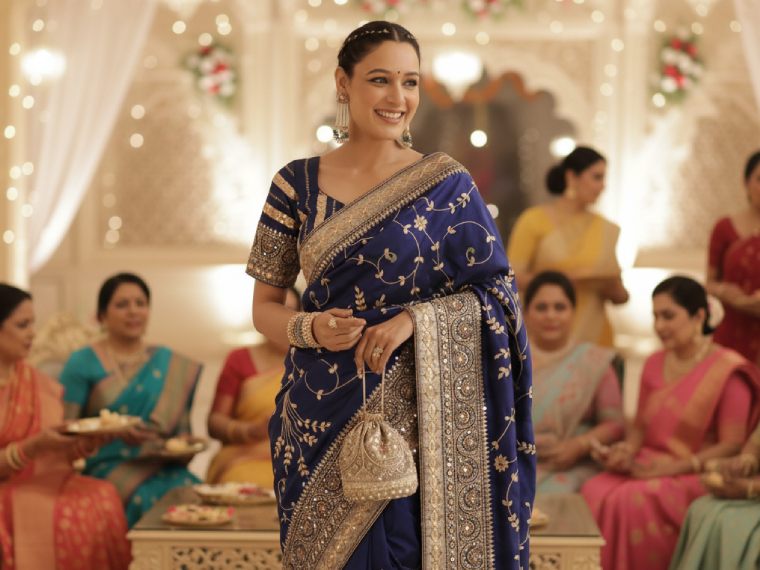 Navy Blue Banarasi Silk Saree with Tamba Gota Embroidery Trending Style
