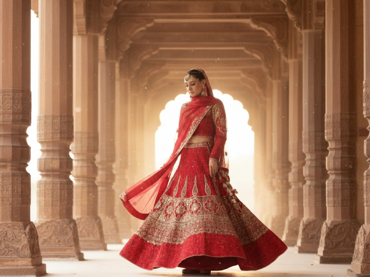 Reddish Maroon Silk Kalidar Bridal Lehenga Fashion Editorial