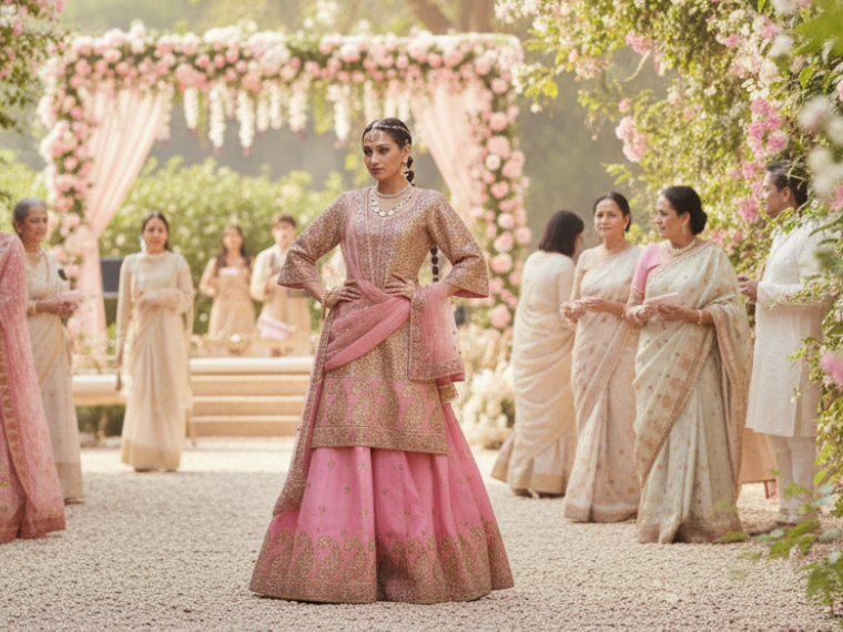 Peach Silk Sharara Set for Wedding Party with Tamba Gota Embroidery