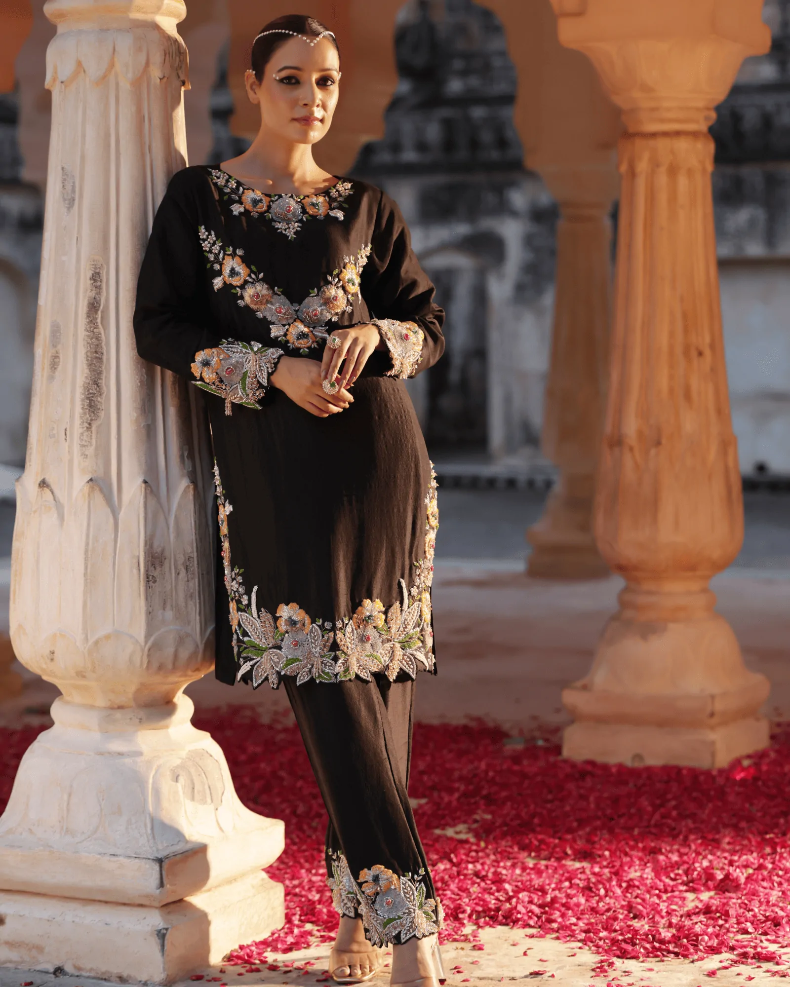 Black Silk Co-Ord Set Zardosi Embroidery Jaipur Fateh Fashion Close Up Detail