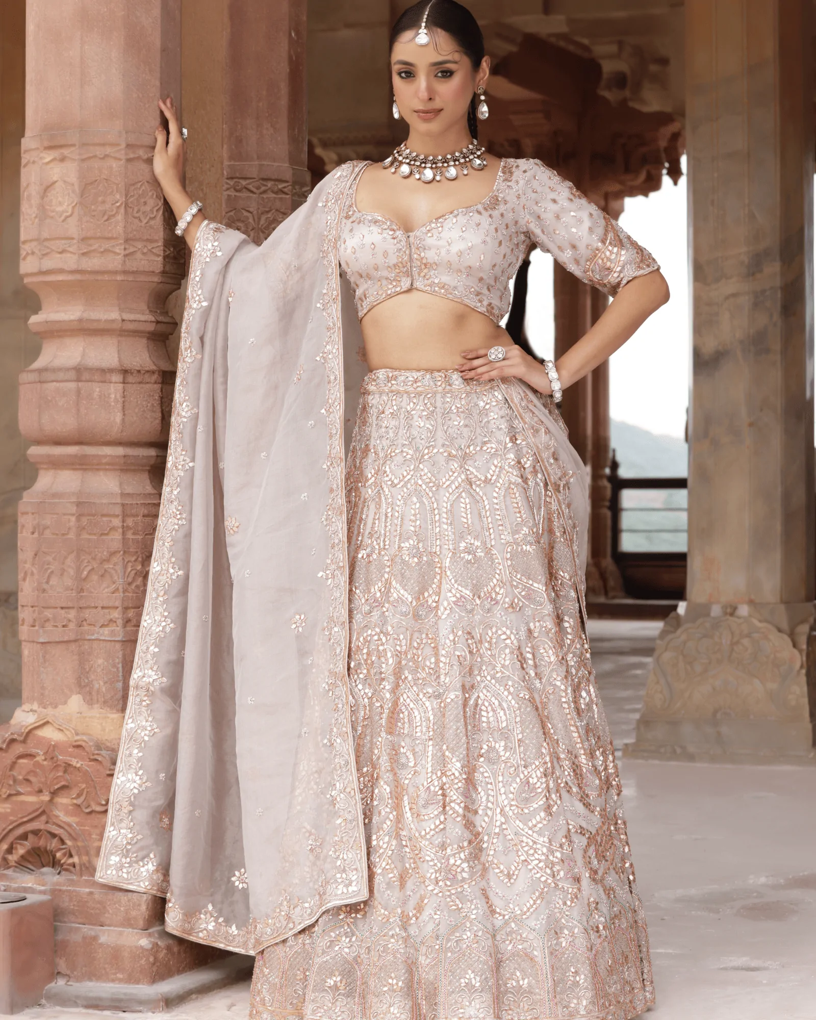 Off White Tissue Bridal Lehenga Copper Gota Zardosi Jaipur Fateh Fashion