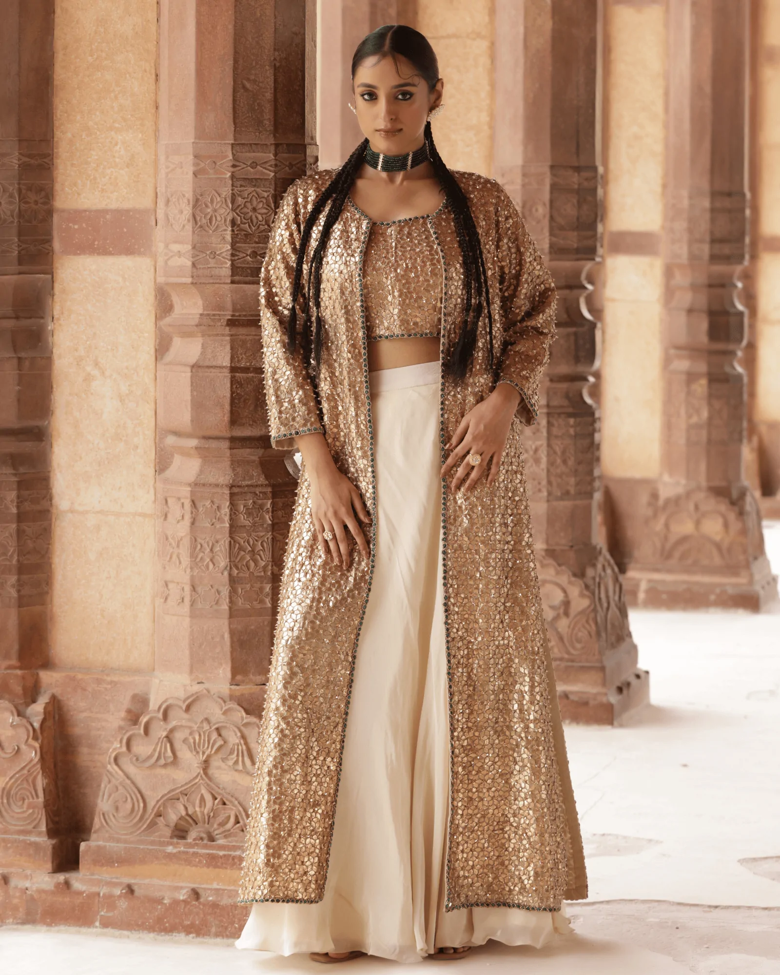 Ivory Satin Organza Jacket Dress with Tamba Gota and Stone Zardosi Embroidery