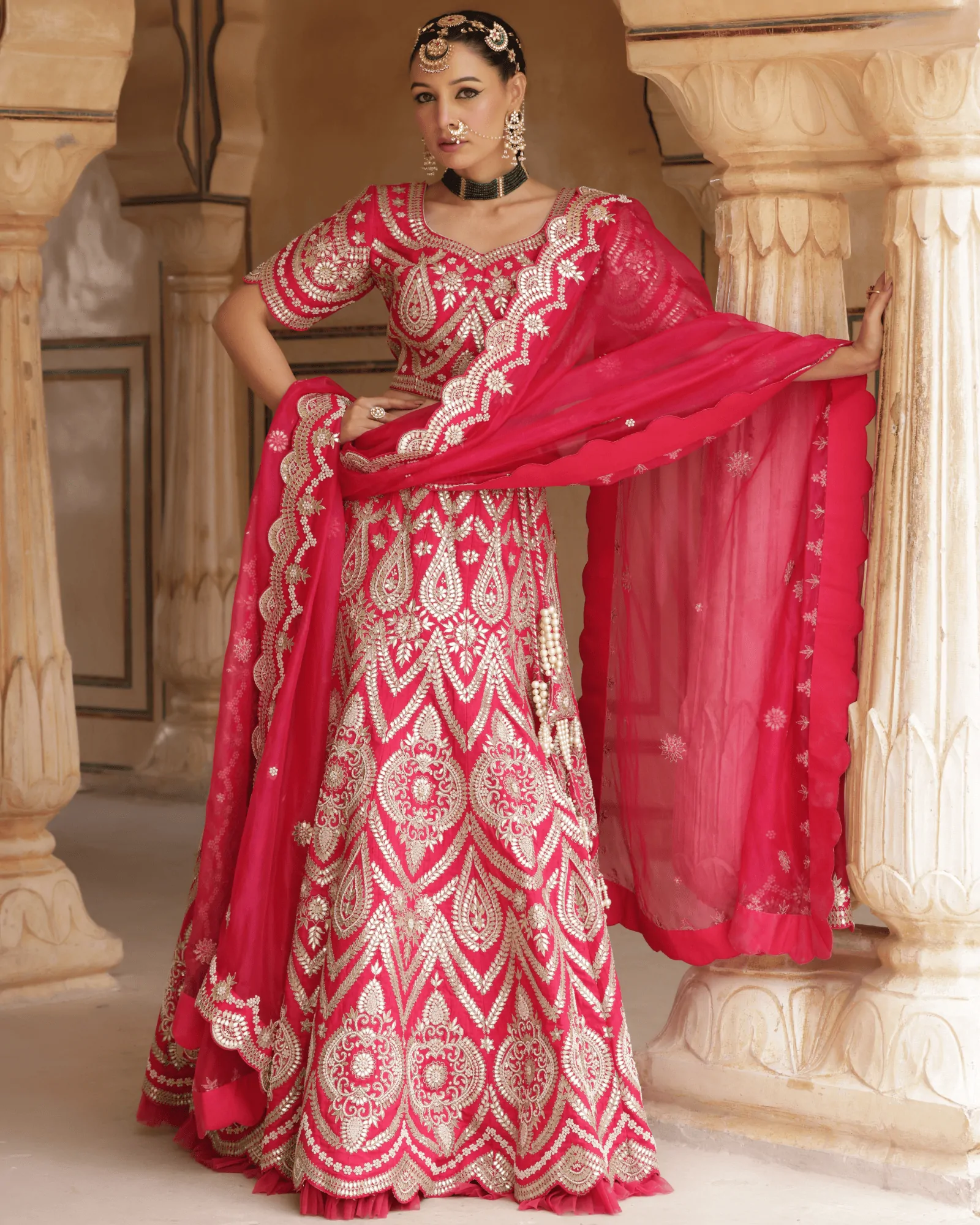 Magenta Rani Raw Silk Kalidar Bridal Lehenga with Gota Patti and Zardosi Work