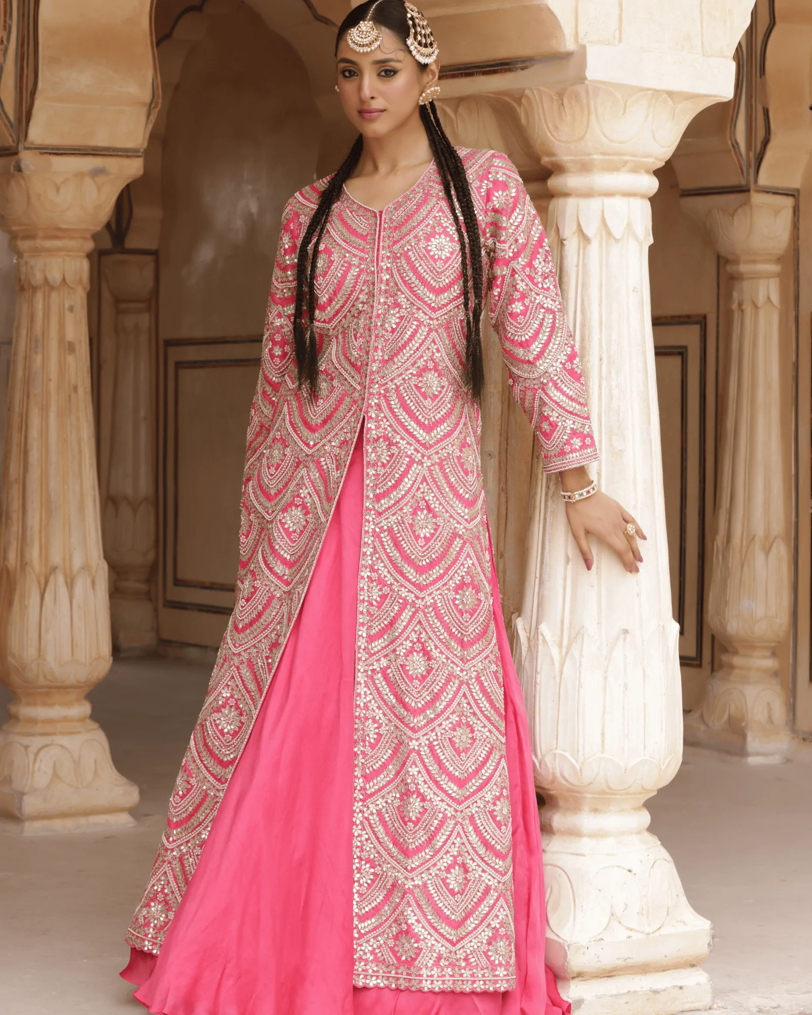 Pink Satin Organza Jacket Dress with Skirt featuring Gota Patti Zardosi and Pearl Embroidery