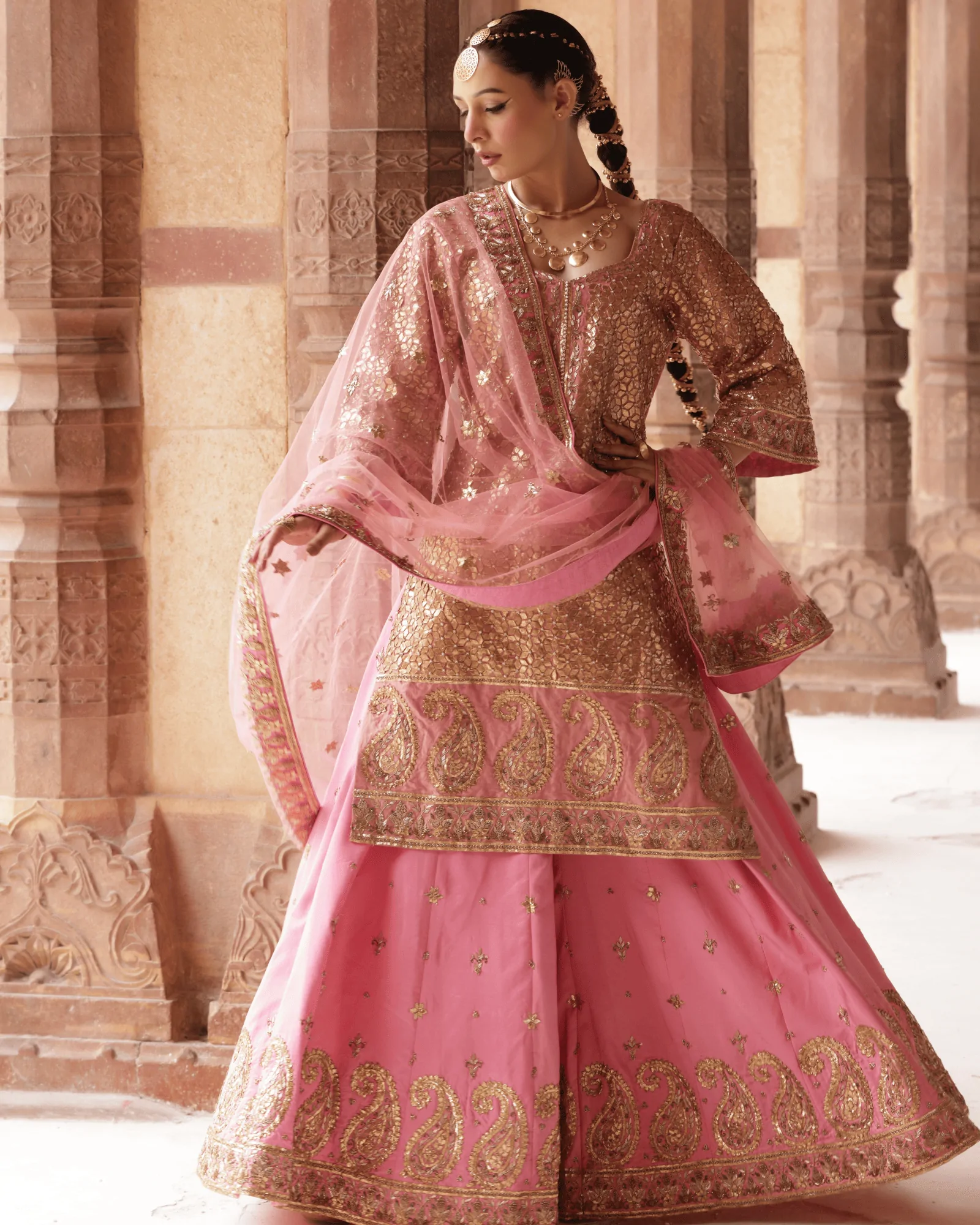 Peach Silk Sharara Set with Tamba Gota Zardosi and Sequin Work by Fateh Fashion