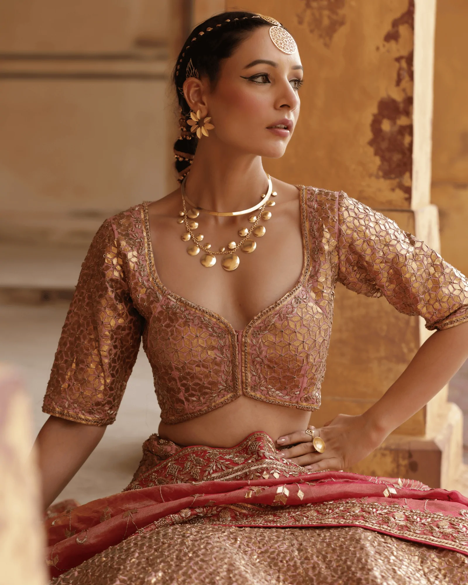 Peach Silk Kalidar Bridal Lehenga with Tamba Gota and Zardosi Tissue Dupatta