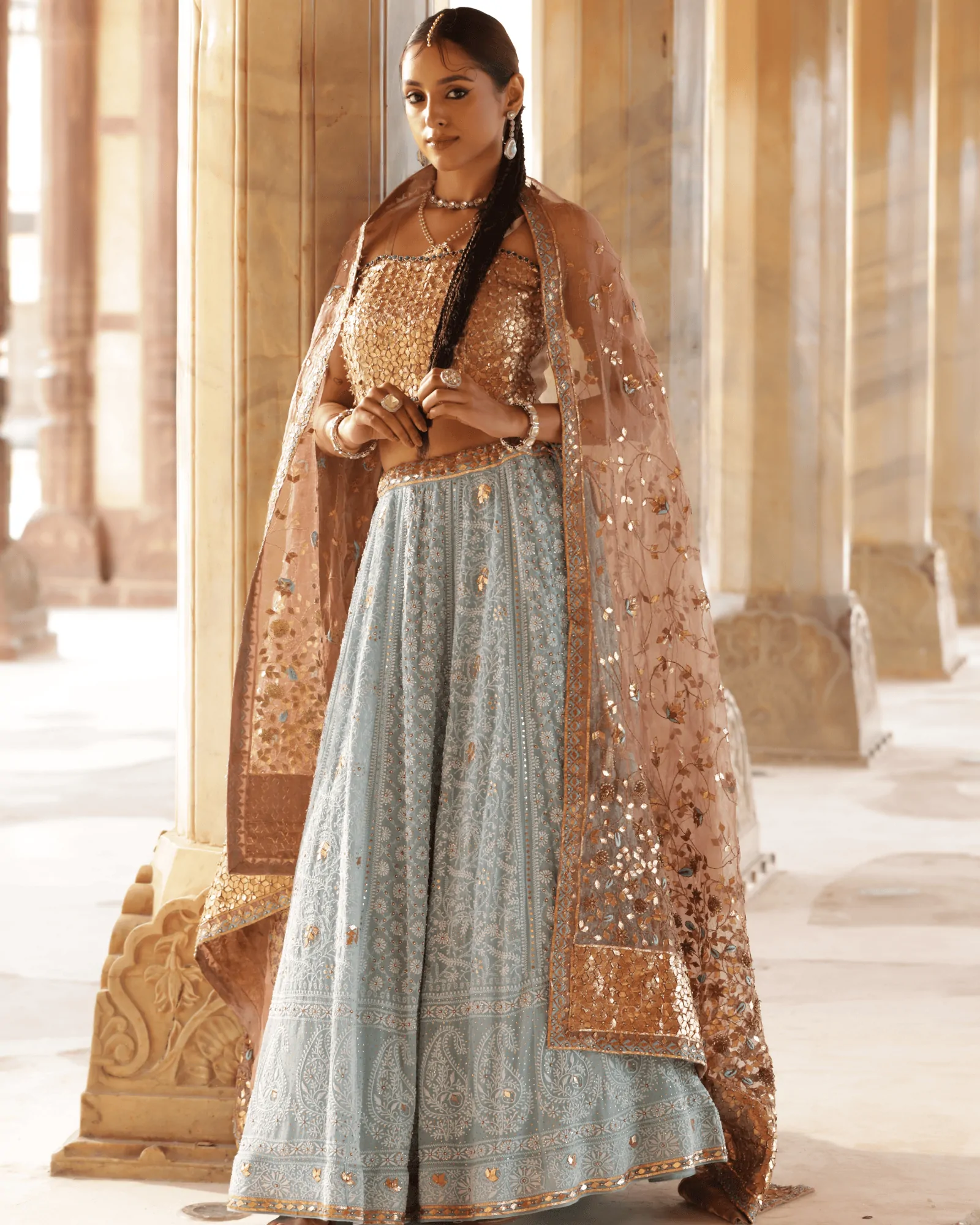 Aqua Georgette Umbrella Lehenga with Chikankari Choli and Tamba Gota Work