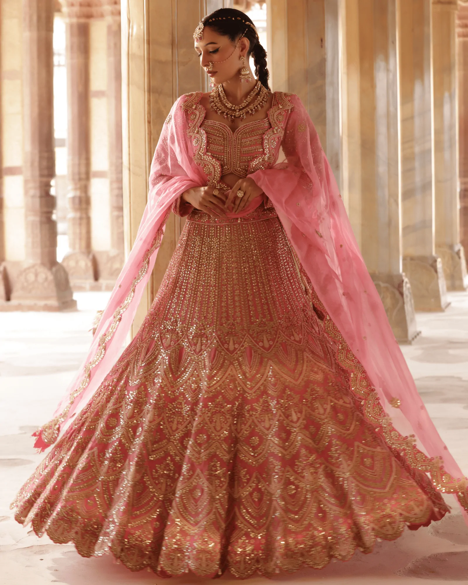 Dark Pink Organza Kalidar Bridal Lehenga with Gota Patti and Zardosi Embroidery