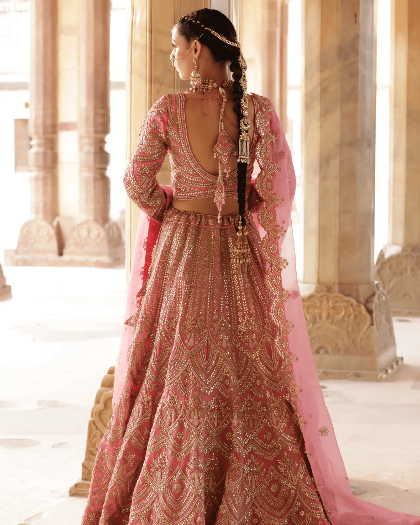 Dark Pink Organza Kalidar Bridal Lehenga with Gota Patti and Zardosi Embroidery
