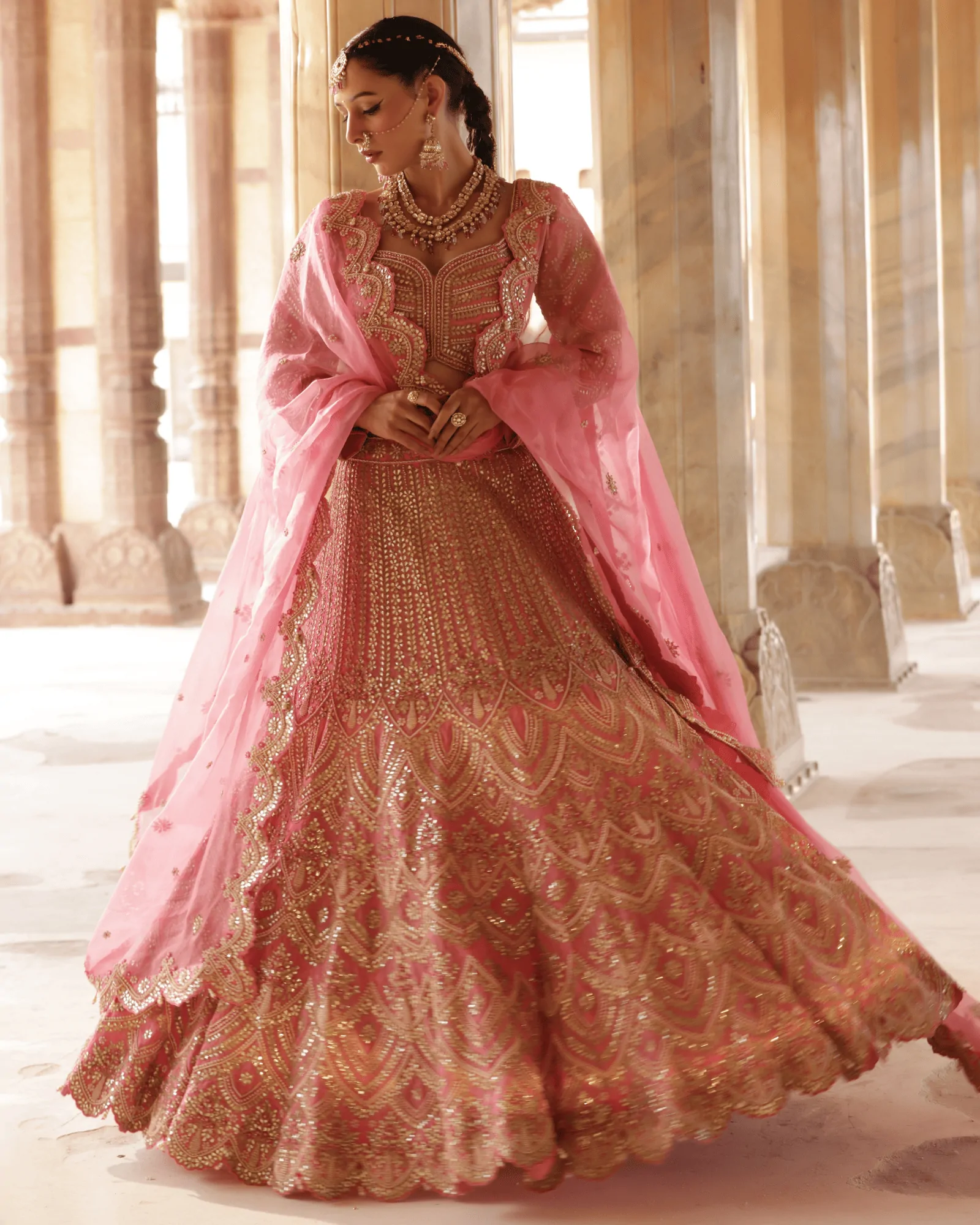 Dark Pink Organza Kalidar Bridal Lehenga with Gota Patti and Zardosi Embroidery