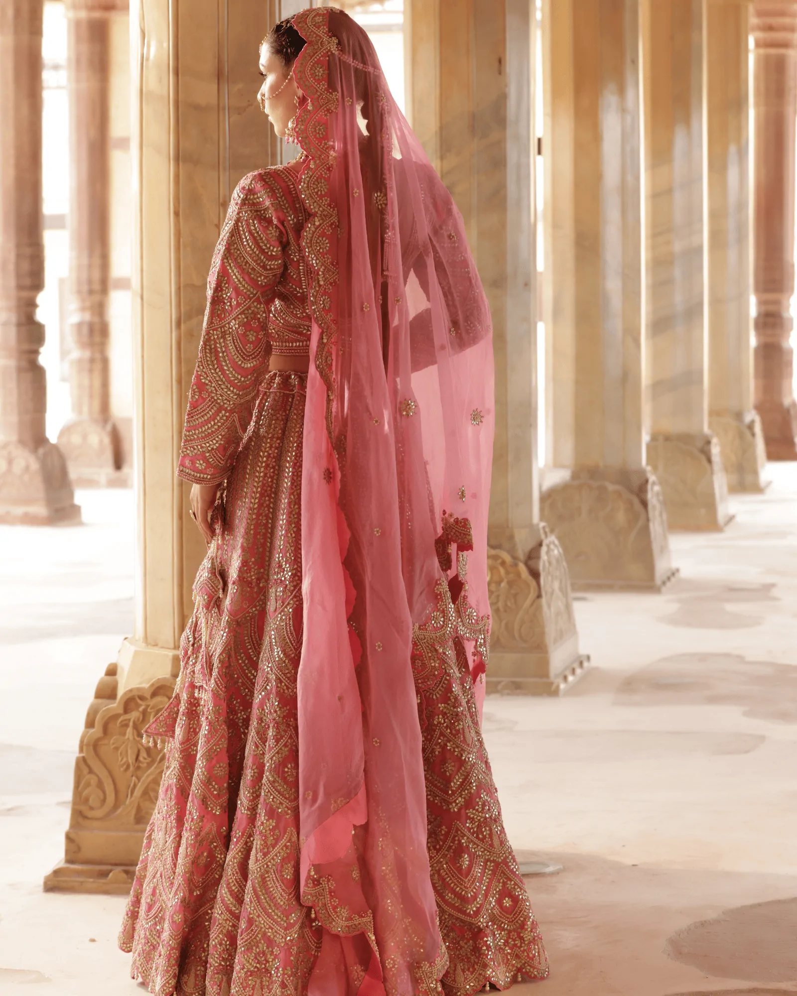 Dark Pink Organza Kalidar Bridal Lehenga with Gota Patti and Zardosi Embroidery