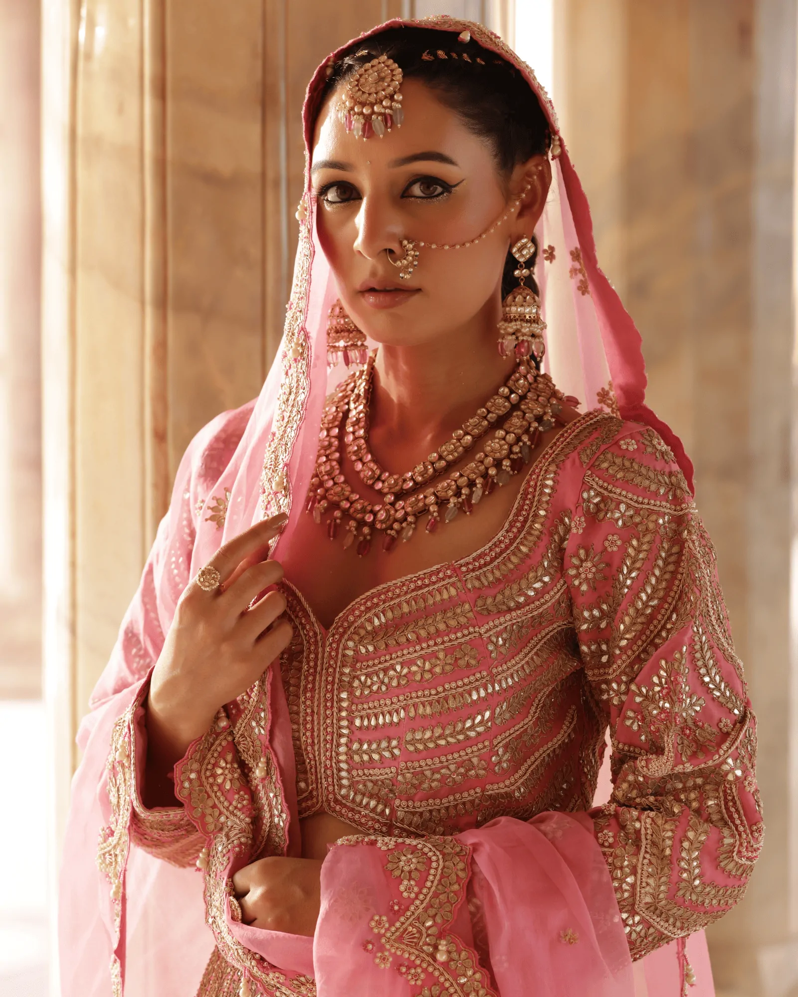 Dark Pink Organza Kalidar Bridal Lehenga with Gota Patti and Zardosi Embroidery