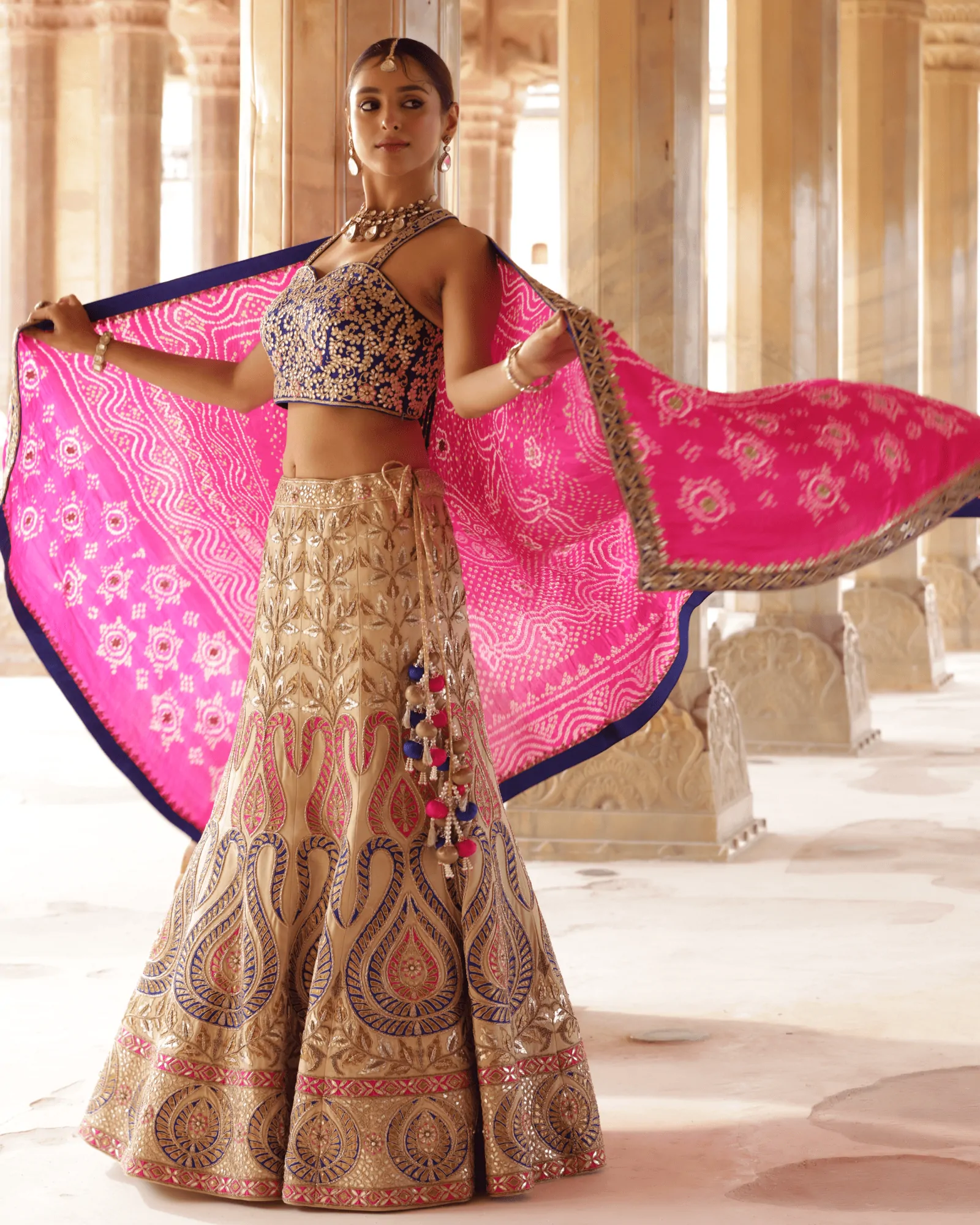 Off White Banarasi Tissue Kalidar Lehenga with Georgette Bandhej Dupatta