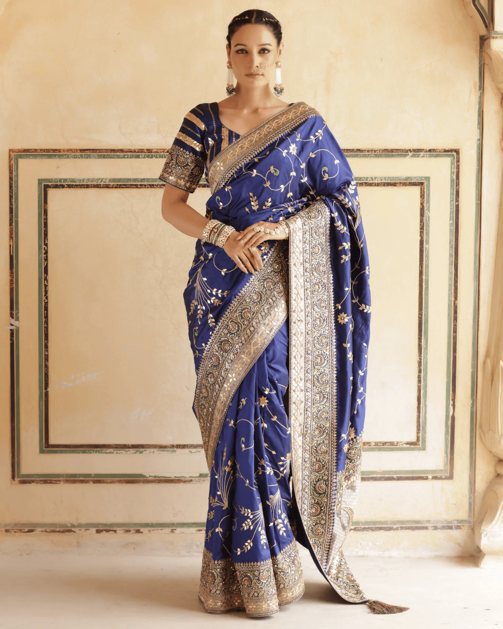 Navy Blue Banarasi Silk Saree with Tamba Gota and Zardosi Embroidery