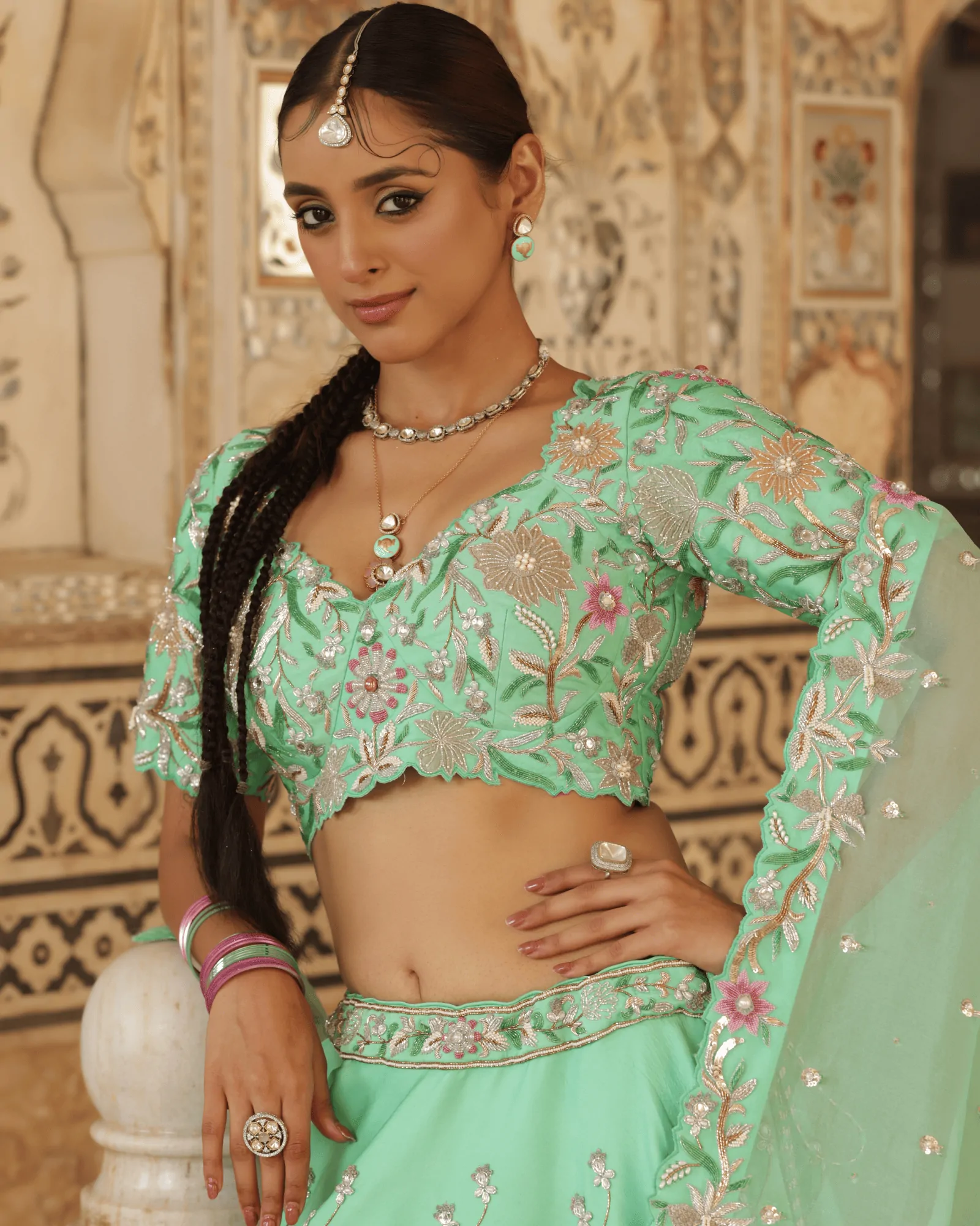 Sea Green Silk Oreb High Flare Lehenga with Zardosi and Bead Embroidery