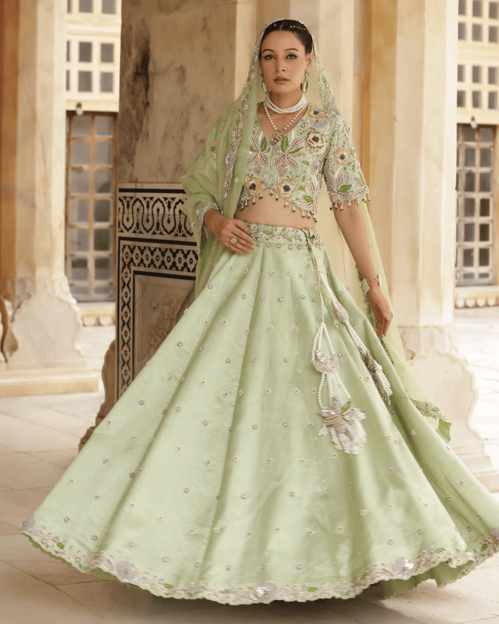 Pista Green Silk Oreb High Flare Lehenga with Zardosi and Sequin Work