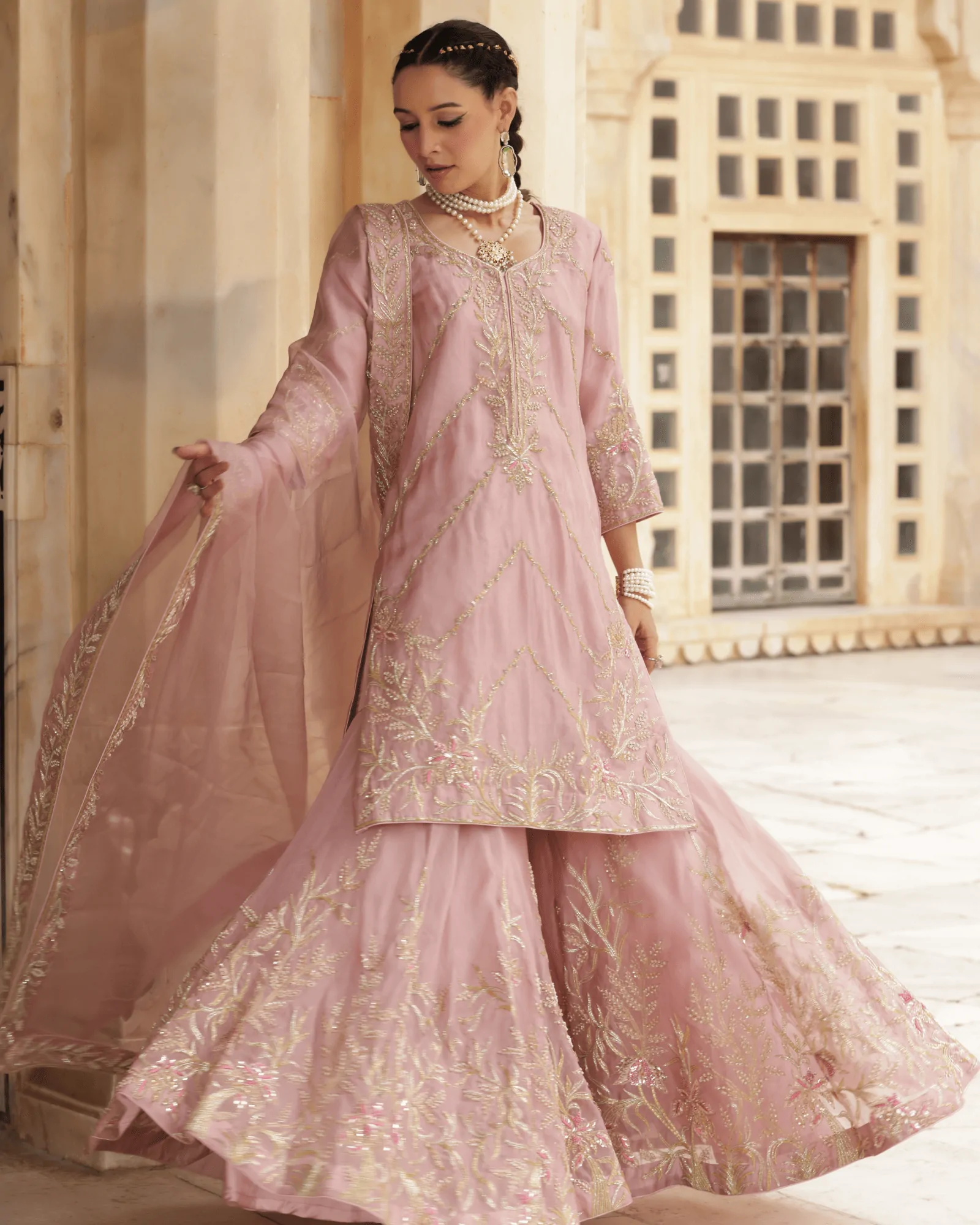 Peach Organza Sharara Set with Cutdana and Zardosi Embroidery and Dupatta