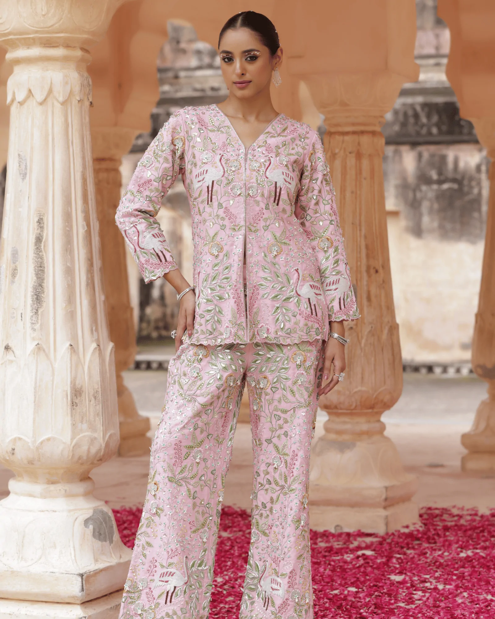 Peach Silk Co-Ord Set with Resham and Zardosi Embroidery for Weddings