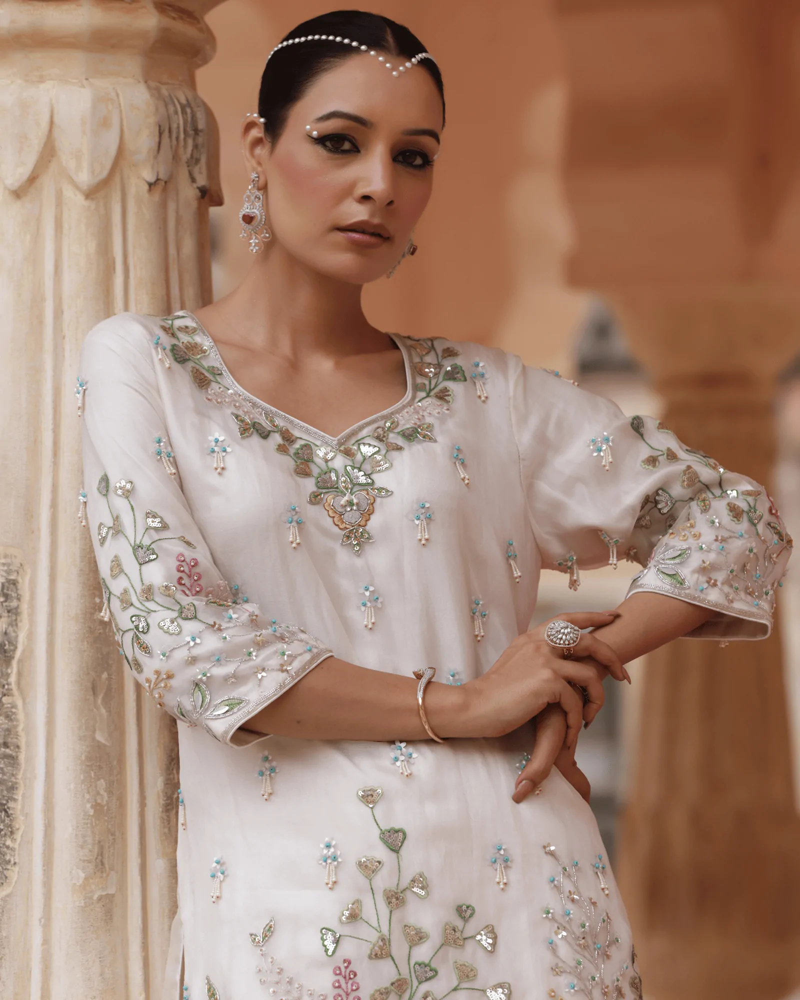 Off White Organza Sharara Set Zardosi Embroidery Jaipur Fateh Fashion Close Up Detail