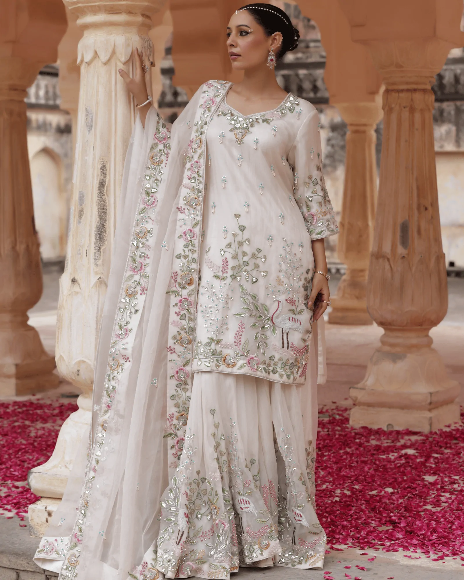 Off White Organza Sharara Set Zardosi Embroidery Jaipur Fateh Fashion Back View