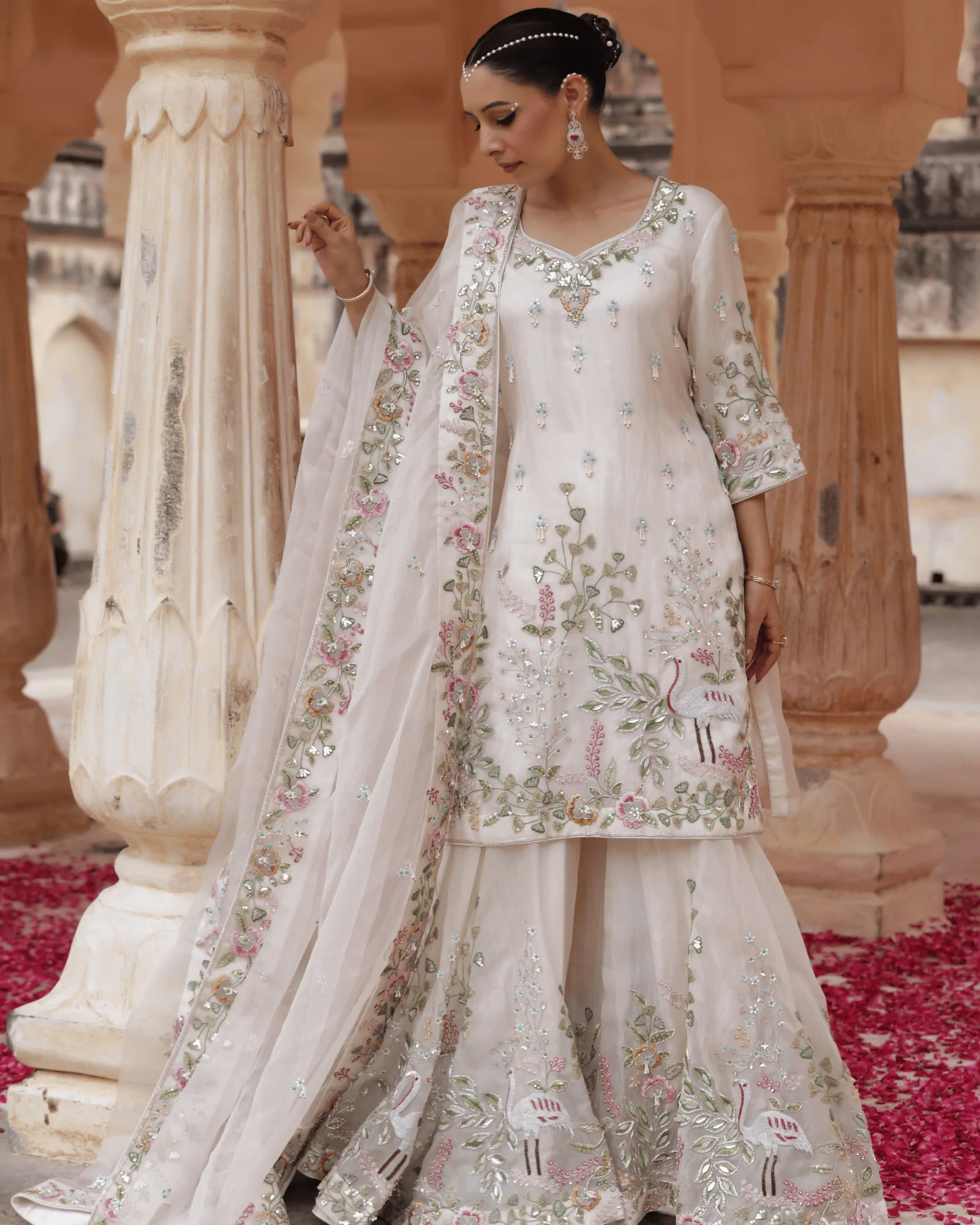 Off White Organza Sharara Set Zardosi Embroidery Jaipur Fateh Fashion Side View
