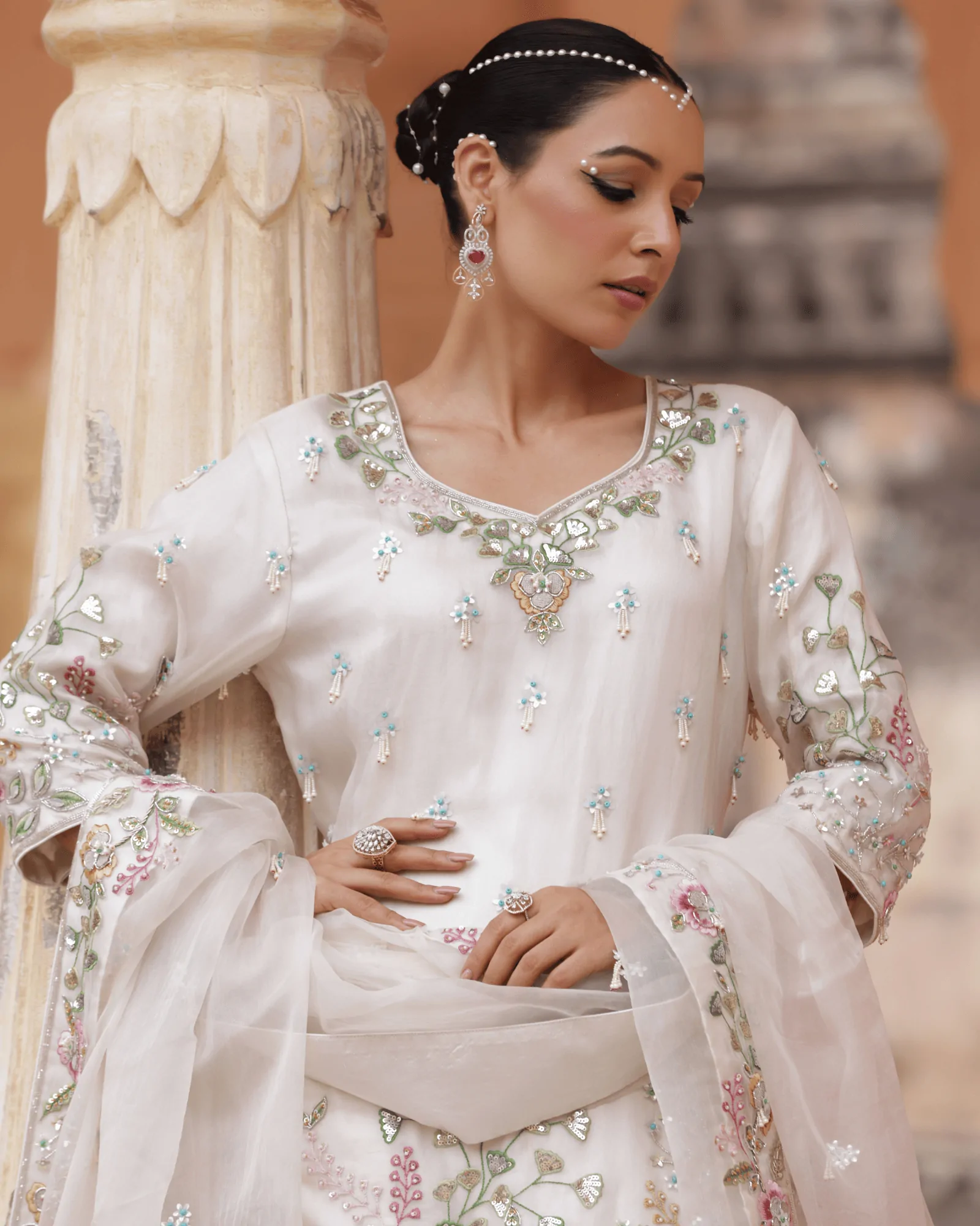 Off White Organza Sharara Set Zardosi Embroidery Jaipur Fateh Fashion Dupatta Detail