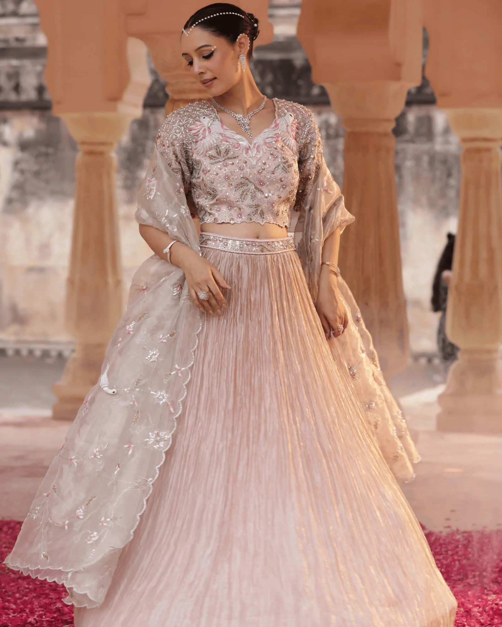 Rose Pink Silk Skirt Set Zardosi Tissue Dupatta Jaipur Fateh Fashion