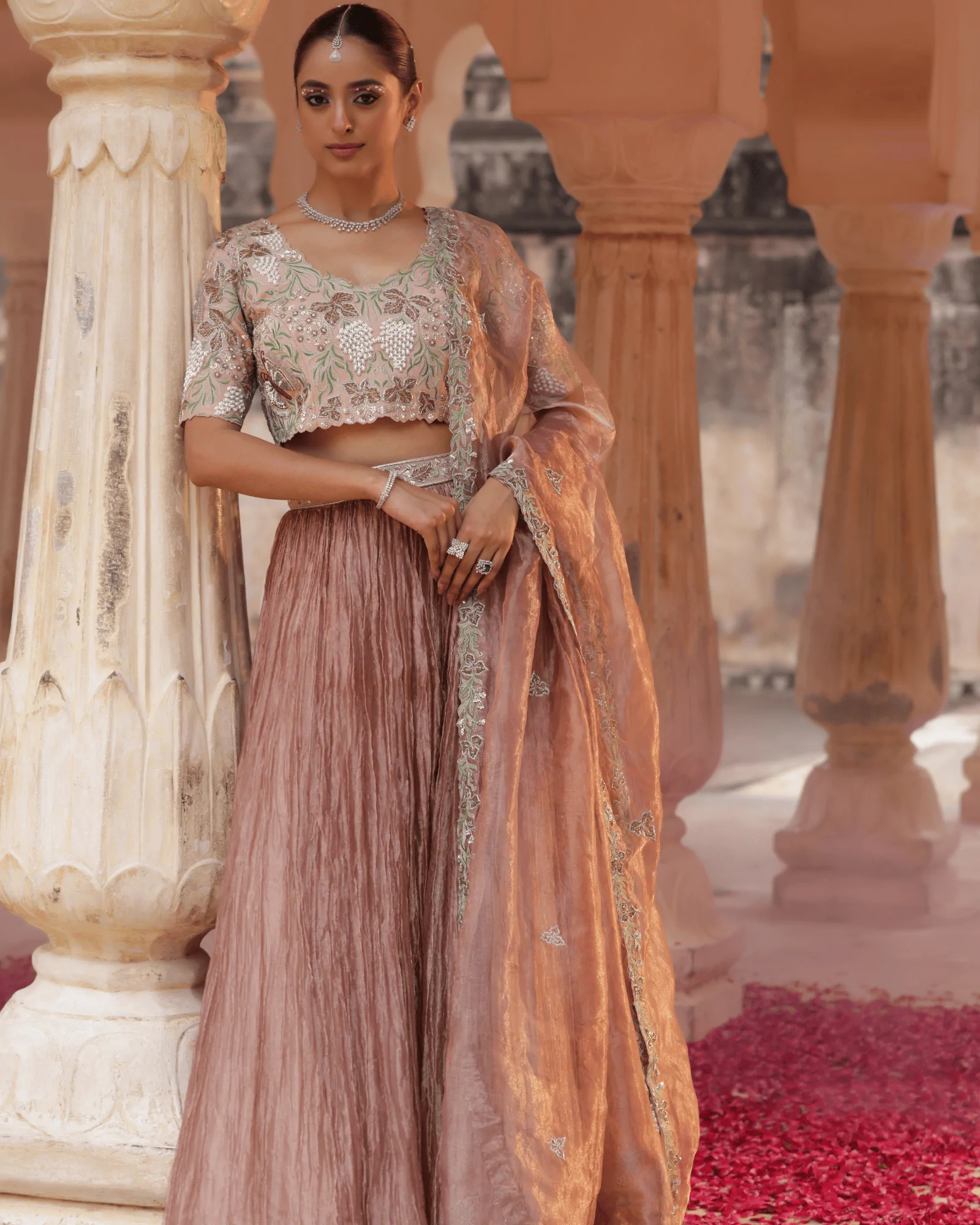 Light Brown Silk Tissue Skirt Set Resham Embroidery Jaipur Fateh Fashion